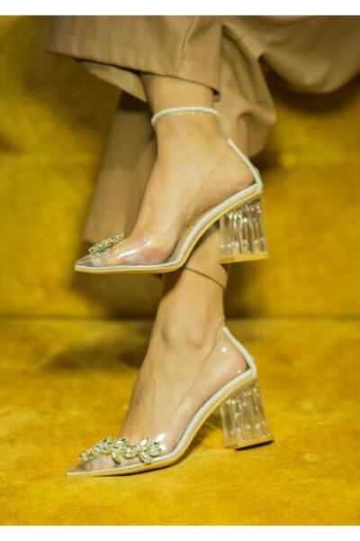 Afilli Pantofi stiletto de damă cu toc gros transparent, decor cu pietre, eleganți și confortabili, potriviți pentru rochii de seară