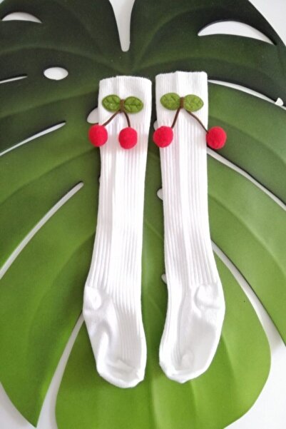 cici bandana Kız Bebek Kirazlık Diz Altı Beyaz Çorap