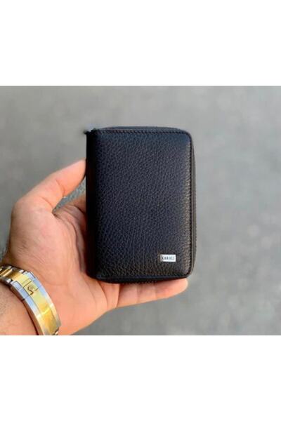 Karalı Deri Fermuarlı Kartlıklı Para Bölmeli Hakiki Deri Cüzdan - Siyah Krld6