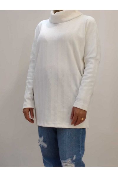 Mertcan Butik Bluză tunică albă cu mânecă liliac cu guler