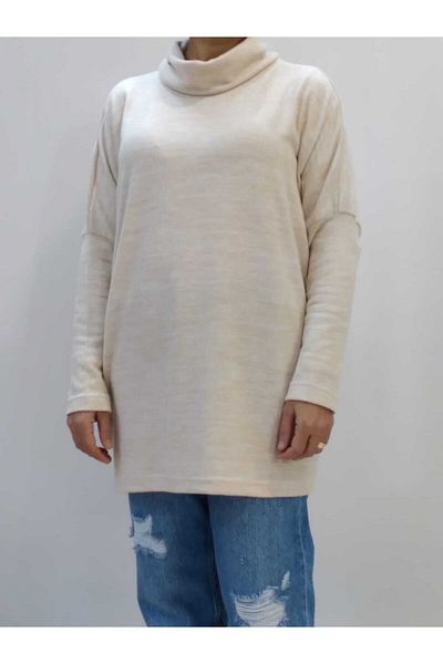 Mertcan Butik Bat Sleeve Degaje Collar Cream Tunic