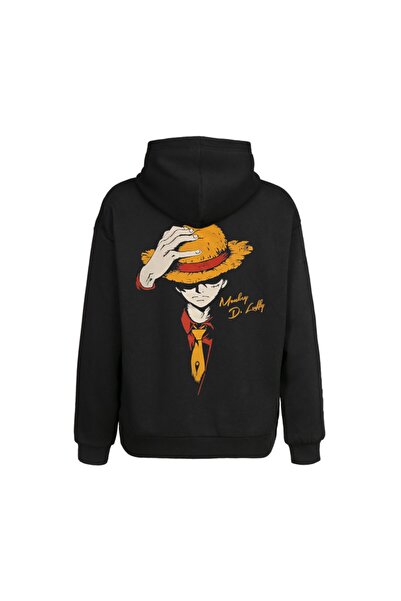 Orijin Tekstil Ανδρικό φούτερ με κουκούλα σε μαύρο One Piece Monkey D. Luffy εμπρός και πίσω