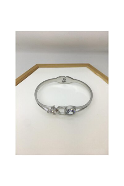MODAMUGO Rodyum Ay Yıldızlı Zirkon Taşlı Çelik Kelepçe Bileklik