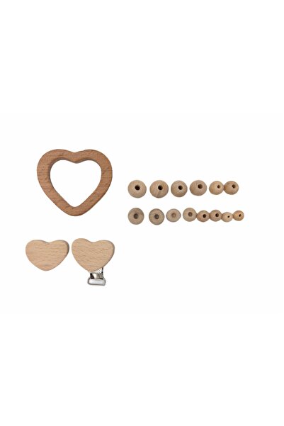 Özene Bezene طقم خرز خشبي، حلقة، مشبك (قلب)