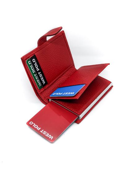 Westpolo Mechanized Genuine Leather Red Unisex Wallet Card Holder