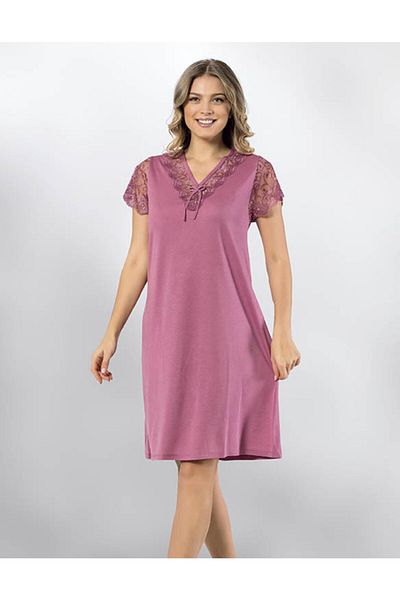 KOTA Νυχτικό Dusty Rose με κοντό μανίκι με λεπτομέρεια από δαντέλα