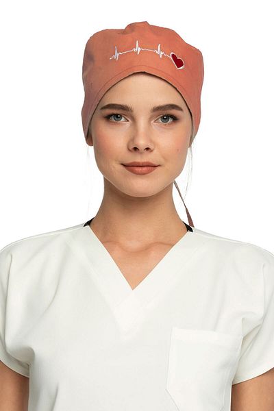 Owlet Medikal Heart Rhythm Embroidered Brick Color Surgical Bonnet