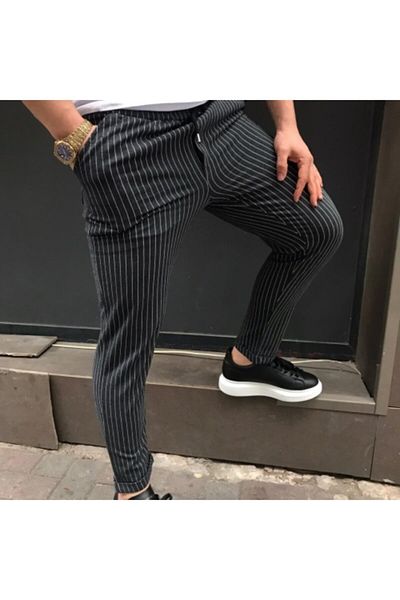 wood'sman Ανδρικό μαύρο ριγέ παντελόνι Jogger με κορδόνι στη μέση