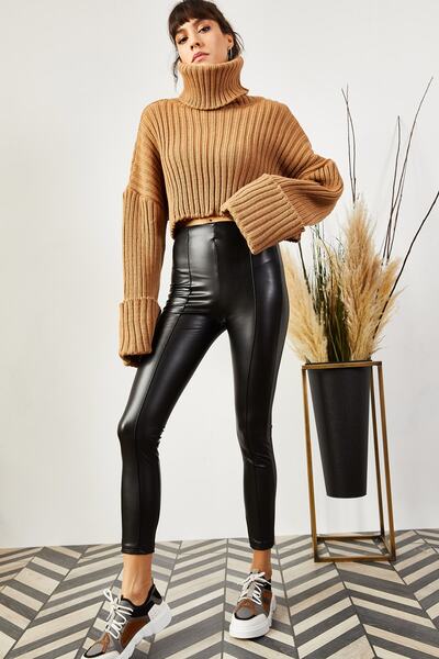 Olalook Women's Black Faux Leather Leggings with Fleece Inside TYT-19000045