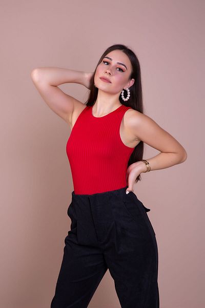Bidoluelbise Women's Red Knitted Bodysuit with Snap Fasteners