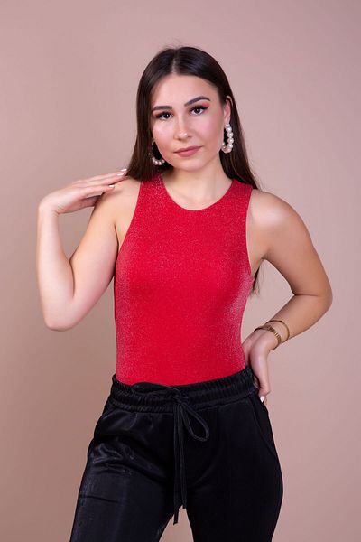 Bidoluelbise Women's Red Glittered Knitted Body with Snap Fasteners