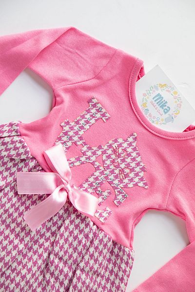Mika Bebek & Çocuk Love Embroidered Girl's Pink Tight Fit Girl's Plaid Dress