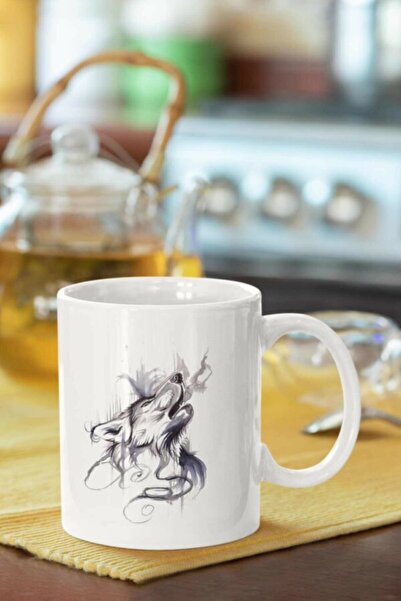 MapavriShop Howling Wolf Drawing Printed White Mug Cup Trend Gift