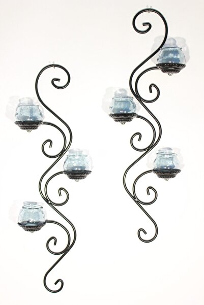 DOĞA HEDİYELİK HOME Ferforje Duvar Mumluğu Takımı 2 Adet 3 Er Camlı