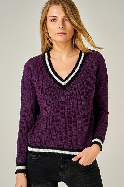 AQE FASHION Pulover mov cu dungi cu decolteu în V de damă