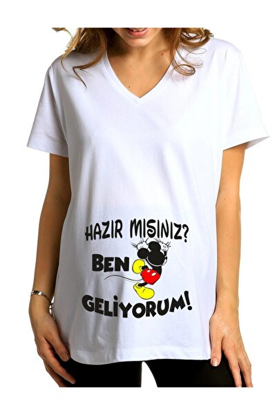 venüsdijital Γυναικείο λευκό μπλουζάκι εγκυμοσύνης με στάμπα Μίκυ Μάους