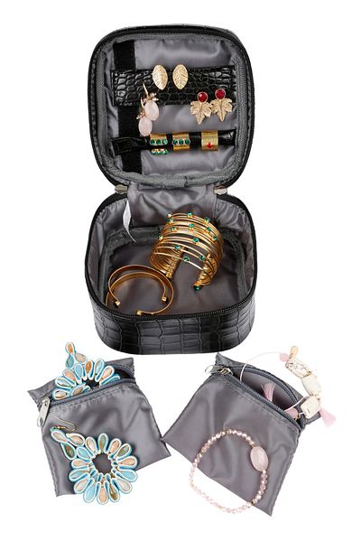 Bakras Black Crocodile Patterned Jewelry Bag and Jewelry Box Organizer