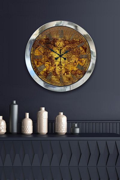 Kasva Concept Gift 36 cm Chrome Metal Map Wall Clock
