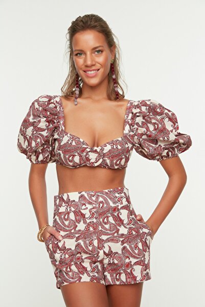 Trendyol Collection Kendő mintás léggömb ujjú csat vászon megjelenésű strandruha TBESS21AU0299