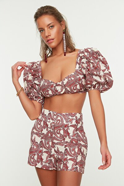 Trendyol Collection Kendő mintás léggömb ujjú csat vászon megjelenésű strandruha TBESS21AU0299