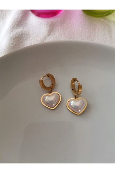 Joya Accessories Stainless Steel Pearl Heart Dangle Earrings