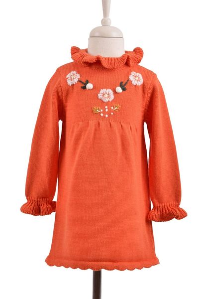 Minora Knitwear Floral Embroidery Ruffle Detailed Dress Orange
