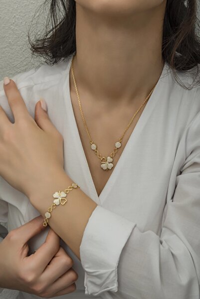 Enes Gümüş Yonca Model Gold Renk 925 Ayar Gümüş Kadın Kolye Bileklik Kombin