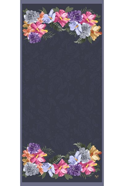 19V69 ITALIA Smoked Indigo Shawl Floral Pattern Pavia Series with Scarf Hanger and Gift Set 90x200 Cm