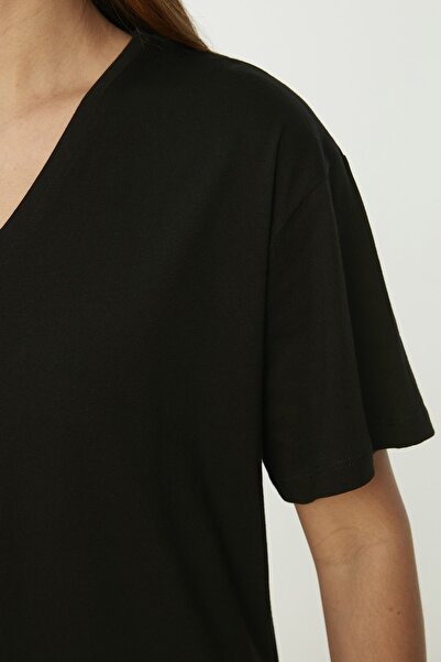 Trendyol Collection Černé pletené tričko Boyfriend ze 100% bavlny s výstřihem do V