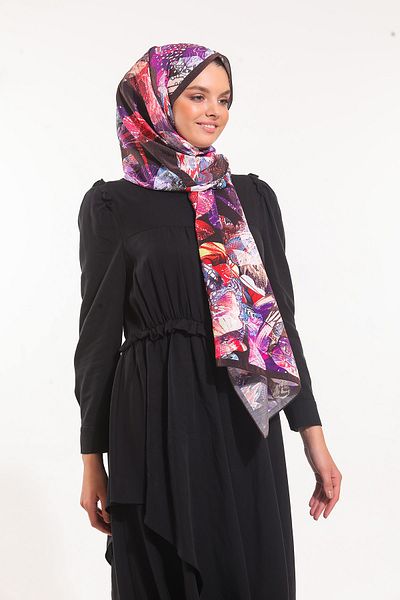 19V69 ITALIA Black Mink Purple Shawl Floral Pattern Elegante Series with Scarf Strap 75x200 cm