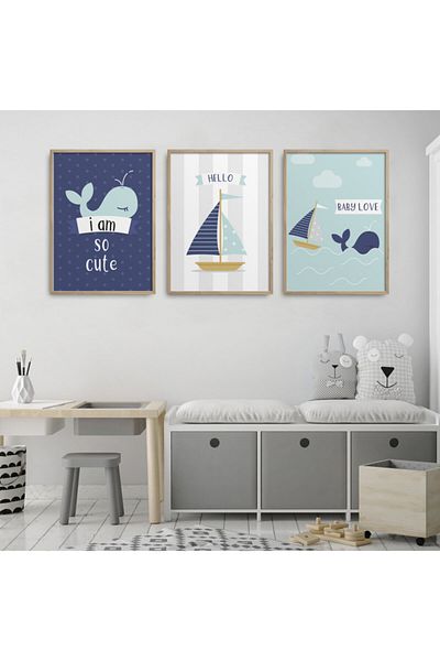 HOMEPACK Set de pictură din 3 piese pentru camera copiilor cu cadru din lemn natural Kids-a10