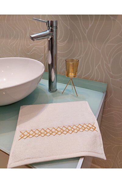 NAKIŞ HOME DESİGN منشفة مطبخ مربعة مطرزة باللون الذهبي 100% قطن كريمي للوجه 3...