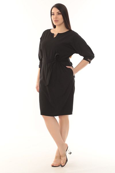 etselements Black Midi Dress - Crew Neck with Chain Detail and Sash 3391