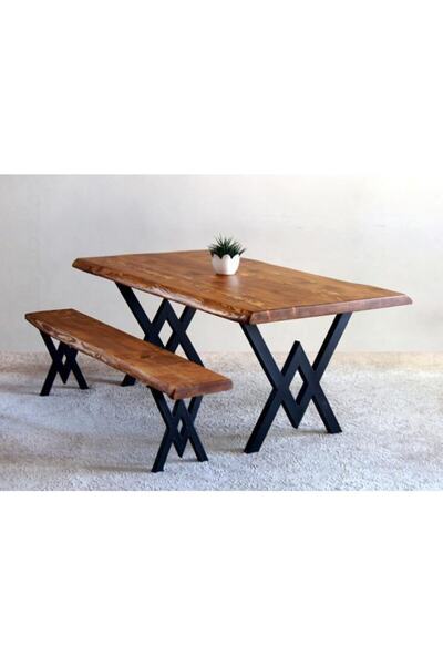 Mobenta Doğal Ağaç Masif Kütük Masa 60cm X 90cm + 1 Bank Bench ( Metal Ayak )