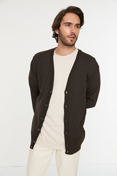 Trendyol Collection Καφέ λεπτή εφαρμογή, βαμβακερή ζακέτα με λαιμόκοψη με κουμπιά TMNAW21HI0274