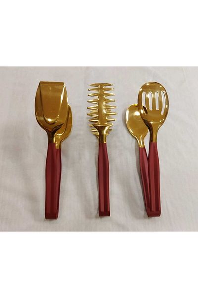 BRONDOFF BValentine's Day Special 3 Piece Red Gold Titanium Serving Tongs Set