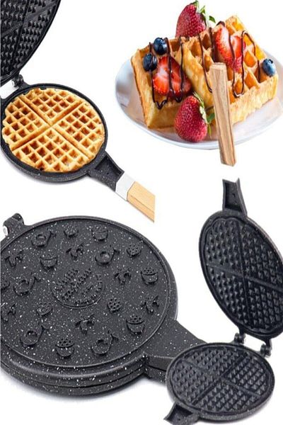 ZBAHOME Cast Iron Waffle Pan Wooden Handle Black