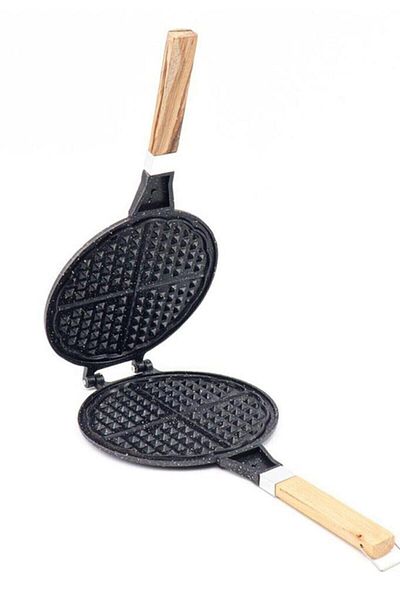 ZBAHOME Cast Iron Waffle Pan Wooden Handle Black