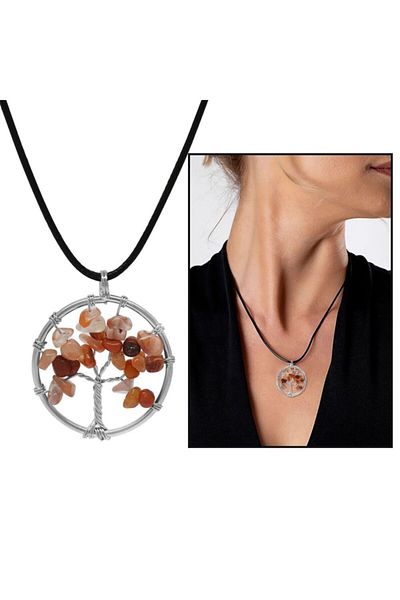 Tesbihane Elegant Designed Tree of Life Patterned Rope Chain Agate Natural Stone Women's Necklace