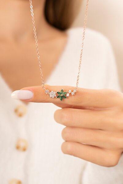 Eva Jewelry Unutma Beni Çiçeği Yeşil Taşlı 14 K Rose Gold Kaplama Kadın Kolye