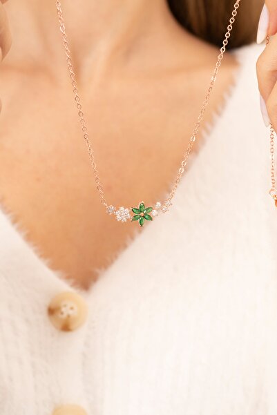 Eva Jewelry Unutma Beni Çiçeği Yeşil Taşlı 14 K Rose Gold Kaplama Kadın Kolye