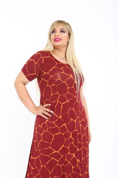 Mezura Plus Size Women's Relaxed Cut Patterned Short Sleeve Asymmetrical Viscose Combed Cotton Dress