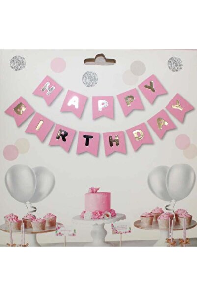 Patladı Gitti Pembe Zemin Happy Birthday Gümüş Banner