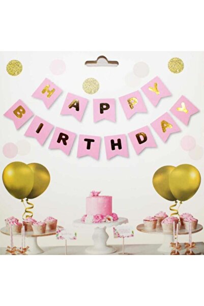 Pembe Zemin Happy Birthday Gold Banner