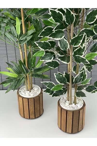 Bahçem Yapay Bambu Ağacı Ahşap Saksılı 80cm-yapay Benjamin Ağacı Ahşap Saksılı 80cm 2 Adet