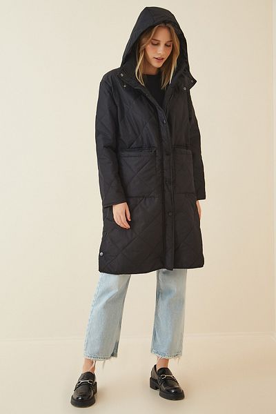 Happiness İstanbul Schwarzer, übergroßer Steppmantel mit Kapuze und Taschen für Damen RV00014