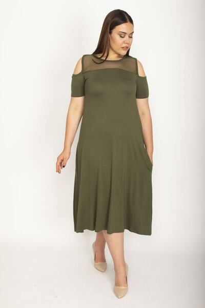 Şans Women's Large Size Khaki Roba Mesh Detailed Viscose Dress 65n24231