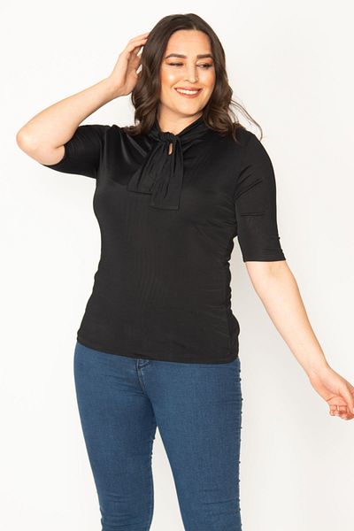 Şans Women's Plus Size Black Collar Scarf Tie Blouse 65n31511