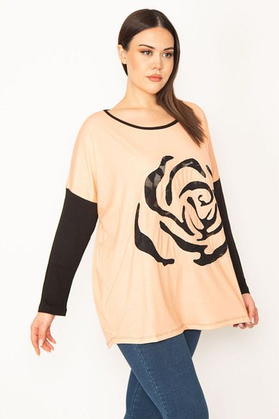 Şans Women's Large Size Orange Flock Front Two Color Tunic with Stone Detail 65n31412