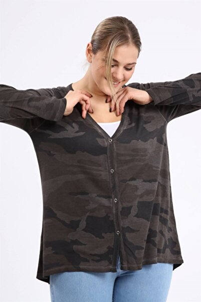Seamoda 4 Seasons Comfortable Plus Size Camouflage Oil Washed Cardigan - Anthracite